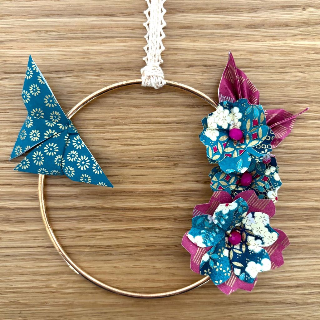 Couronne Izu avec fleurs en origami – Turquoise