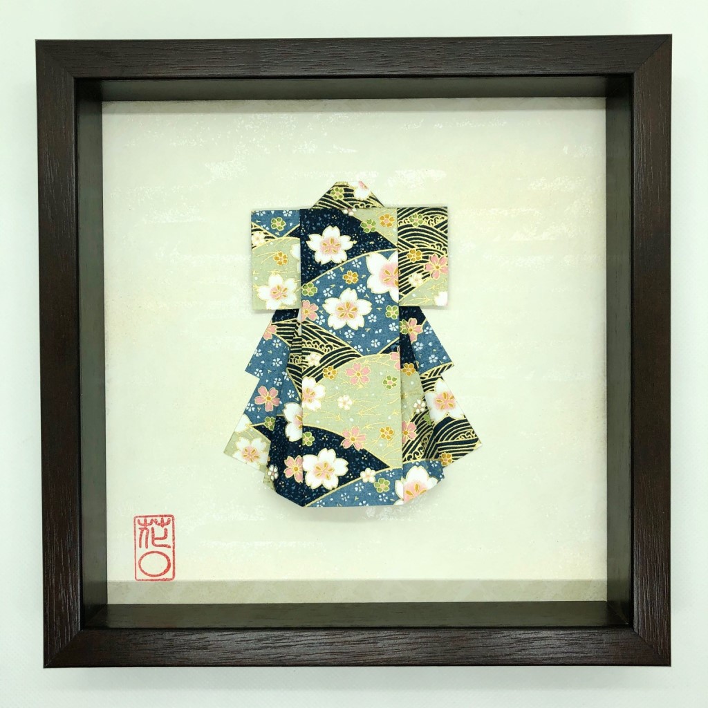 Cadre en bois Kimono origami bleu fleuri