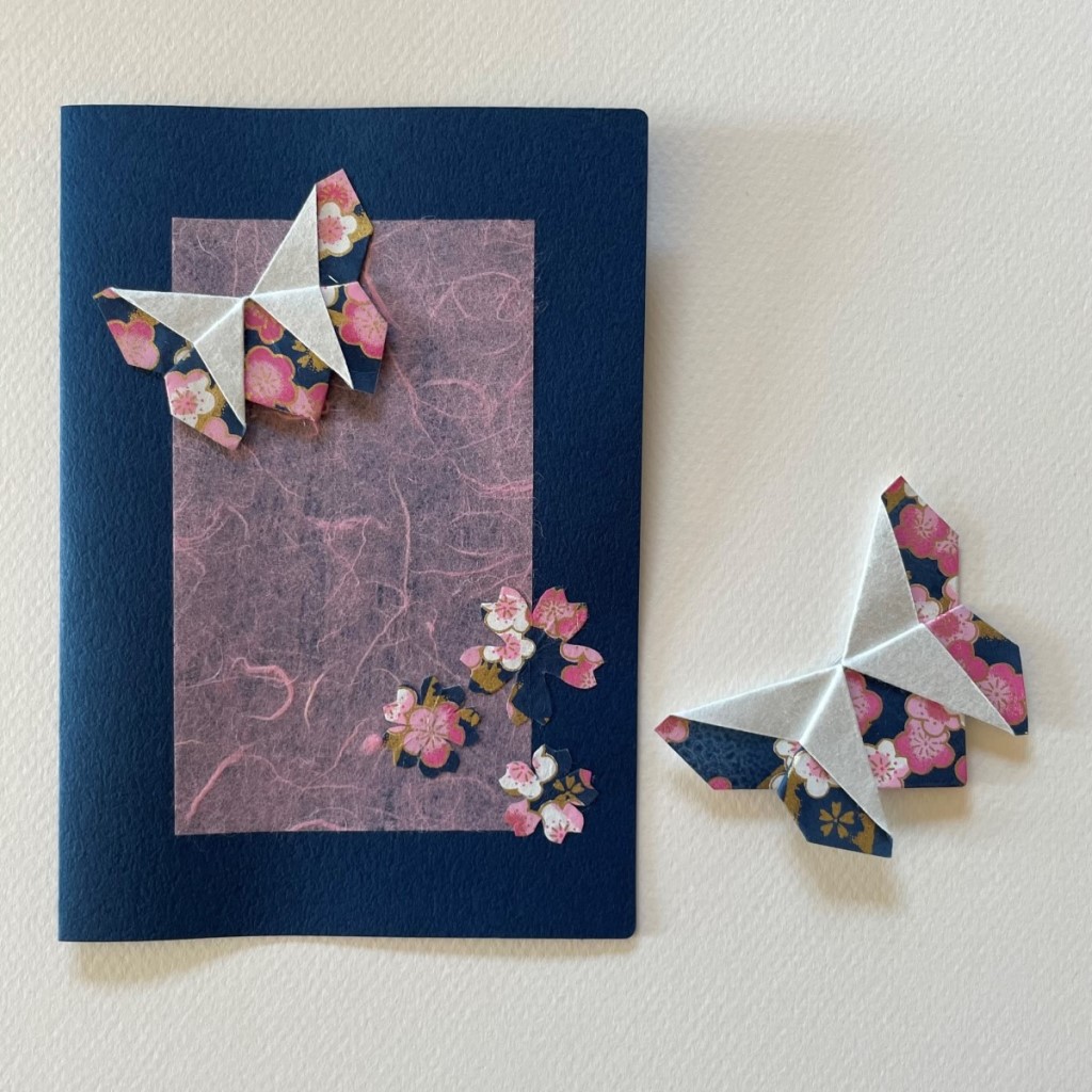 Carte de vœux + marque-page origami Papillon – Bleu marine