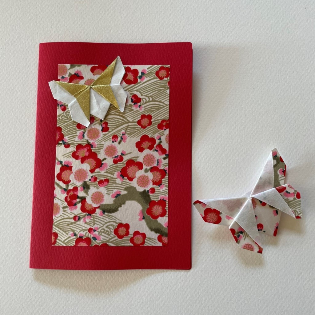 Carte de vœux + marque-page origami Papillon – Rouge