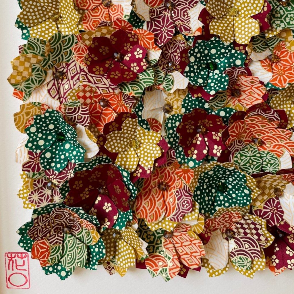 Grand Cadre en bois Fleurs origami – Moutarde & Bordeaux