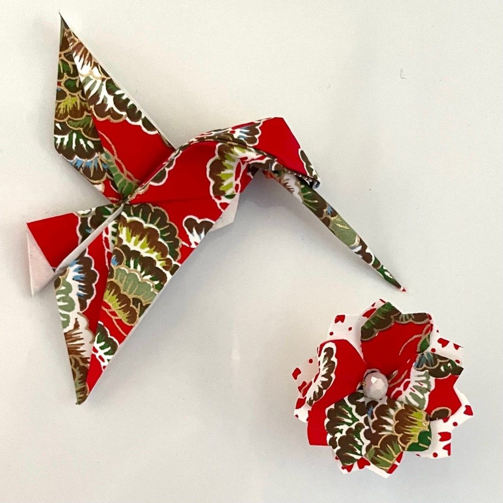 Magnets 3 en 1 : Origami Colibri et Fleur- Rouge