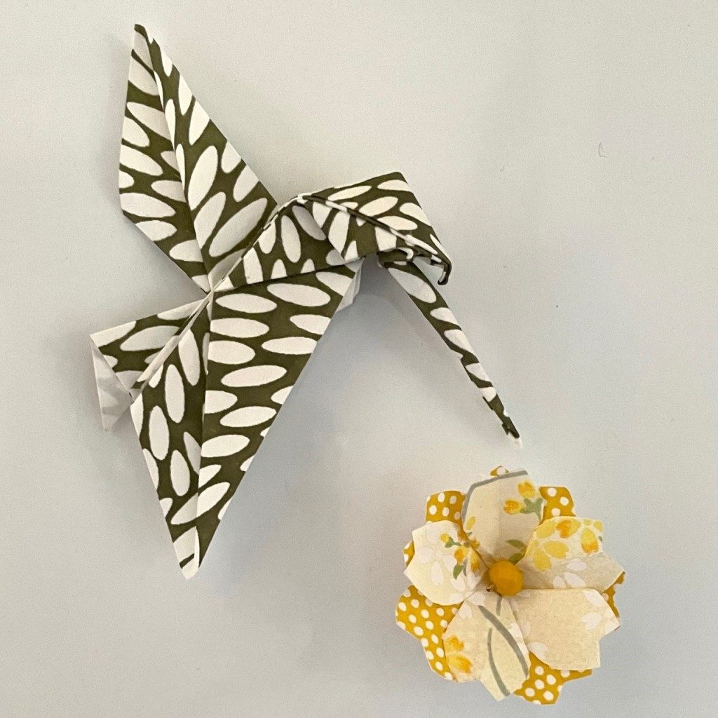 Magnets 3 en 1 : Origami Colibri et Fleur- Vert & Jaune