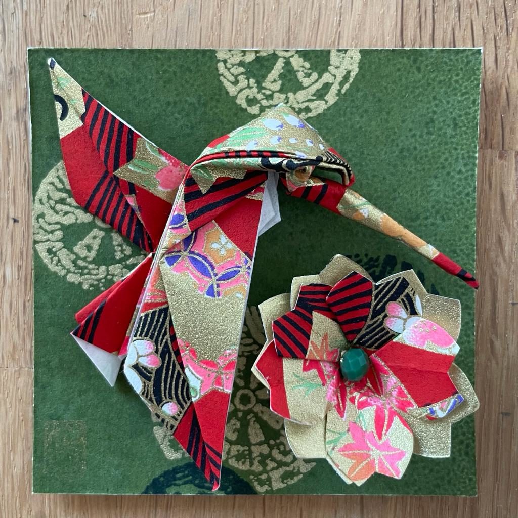Magnets 3 en 1 : Origami Colibri et Fleur- Vert & Rouge