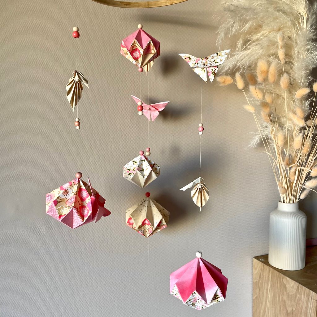Suspension mobile origami Beige & Rose